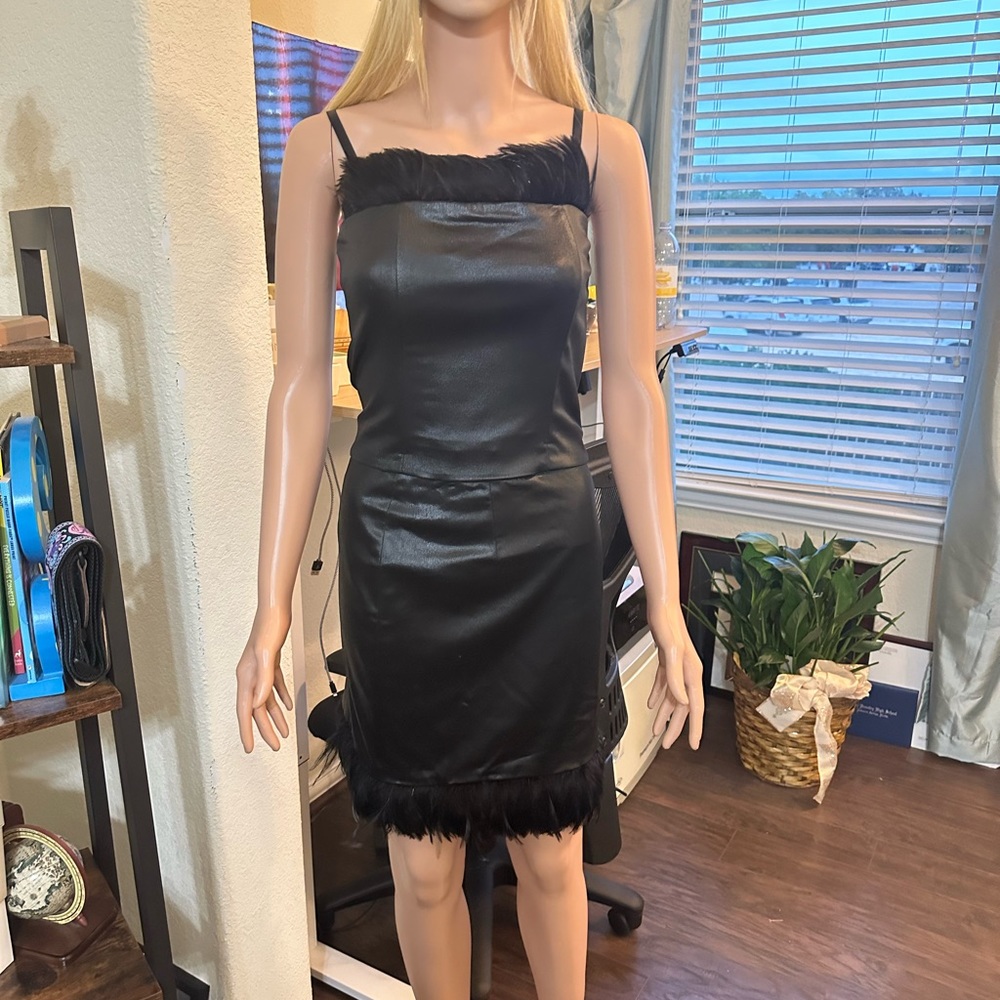 Bebe black two piece with accent feathers